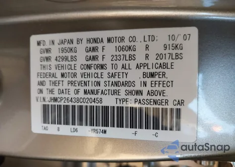 2008 Honda Accord 2.4 Lx-P z USA, uszkodzony, nr VIN JHMCP26438C020458